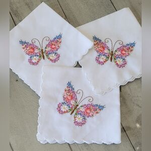 Embroidered Butterfly Handkerchiefs, With Scalloped Edges, Set Of Three, NWOT